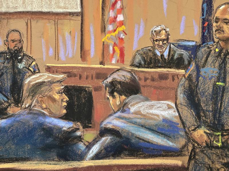 In this courtroom sketch, former U.S. President Donald Trump, left, sits with his attorney Todd Blanche, before Justice Juan M. Merchan, at the beginning of his trial at a Manhattan criminal court in New York, Monday, April 15, 2024. Trump arrived at a New York court for the start of jury selection in his hush money trial, making history as the first former president to stand trial on criminal charges. (Jane Rosenberg/Pool Photo via AP)