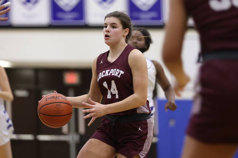 Lockport’s Veronica Bafia looks to make a play against Lincoln-Way East in the Class 4A Lincoln-Way East Regional semifinal. Monday, Feb. 14, 2022, in Frankfort.