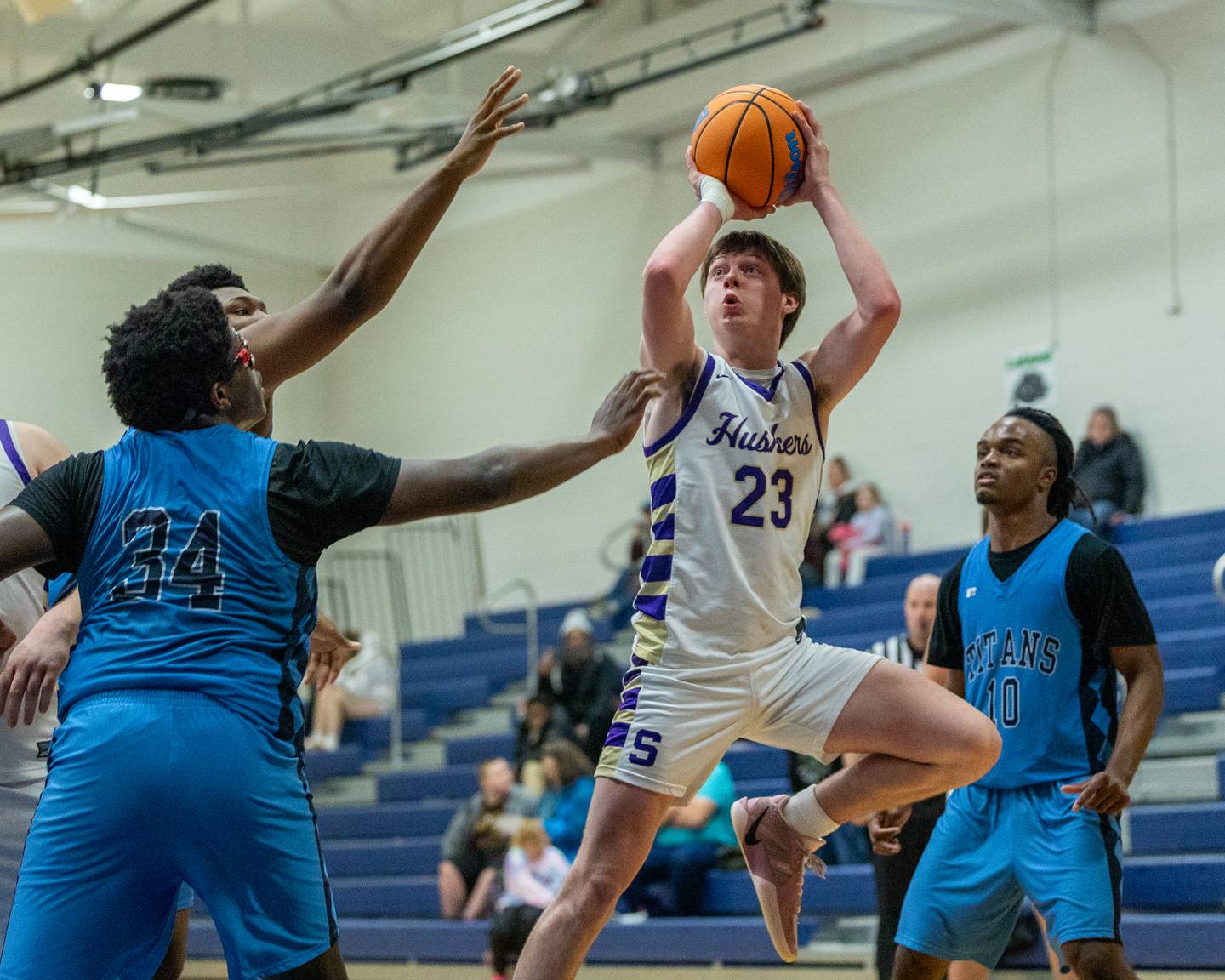 Wyatt Stone (23) of Serena shoots mid-range shot over IMSA's defense during the quarterfinals of the Little Ten Conference Tournament on Monday, Feb. 2, 2026 at Somonauk High School in Somonauk.