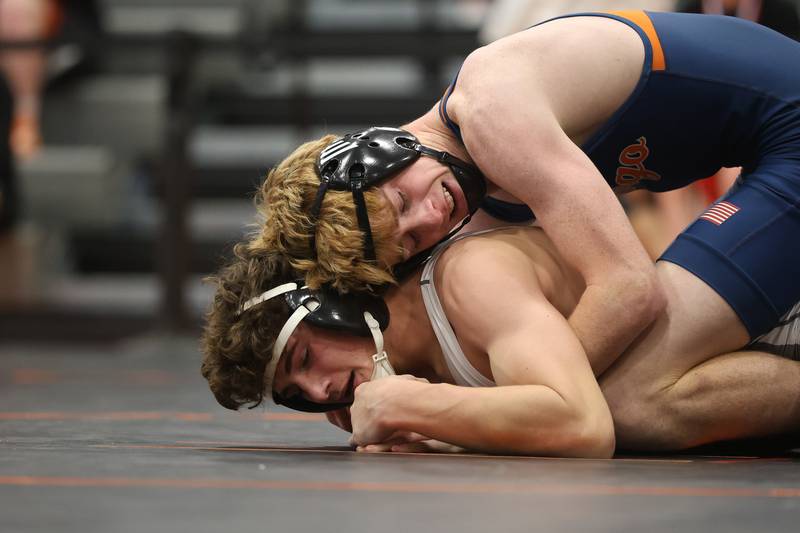 Oswego’s Dillon Griffin’s works over Plainfield East in the SouthWest Prairie Conference 144 pound championship on Saturday, Jan. 24, 2026 in Minooka.