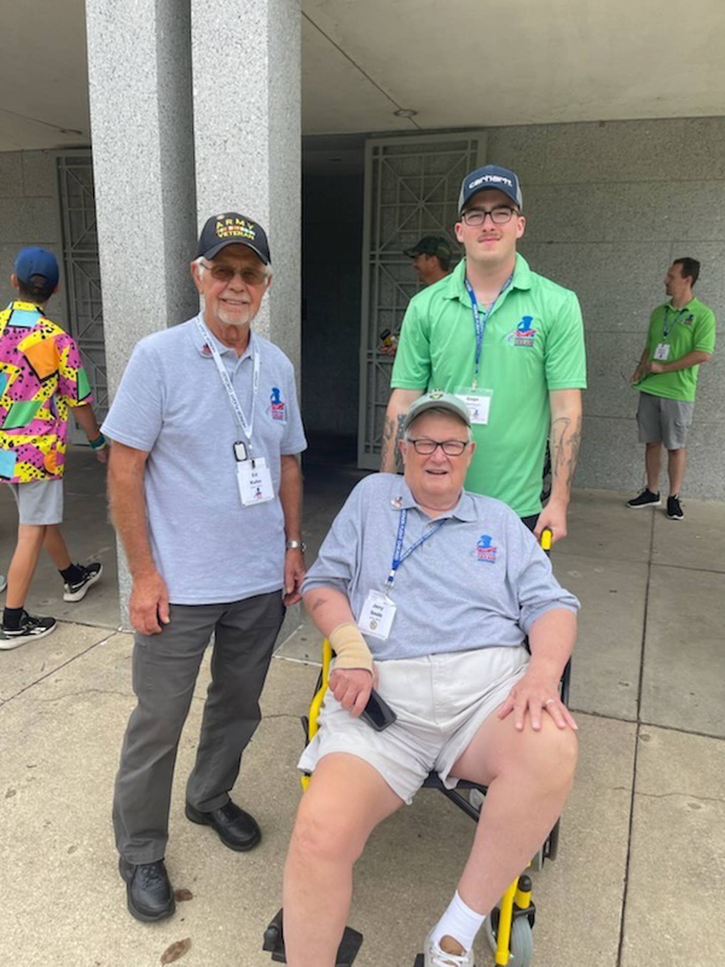 (From left): Ed Kuhn, of Sycamore, Jerry Smith, former DeKalb mayor, and Smith's flight buddy and fellow serviceman Gage Morrison, pose for a photo on Aug. 20, 2025, while touring Washington, D.C. with Honor Flight Chicago. Smith and Kuhn are Army veterans who served during the Vietnam War.