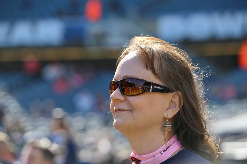 Jeanne Hergert of Hawthorn Woods is receiving treatment for breast cancer at Advocate Good Shepherd Hospital in Barrington. She was among 10 survivors honored by the Chicago Bears on Oct. 6.