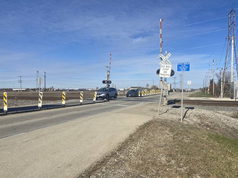 An overpass will replace this at-grade railroad crossing on Gougar Road at the Wisconsin Central/Canadian National tracks in New Lenox.  Jan. 17, 2025