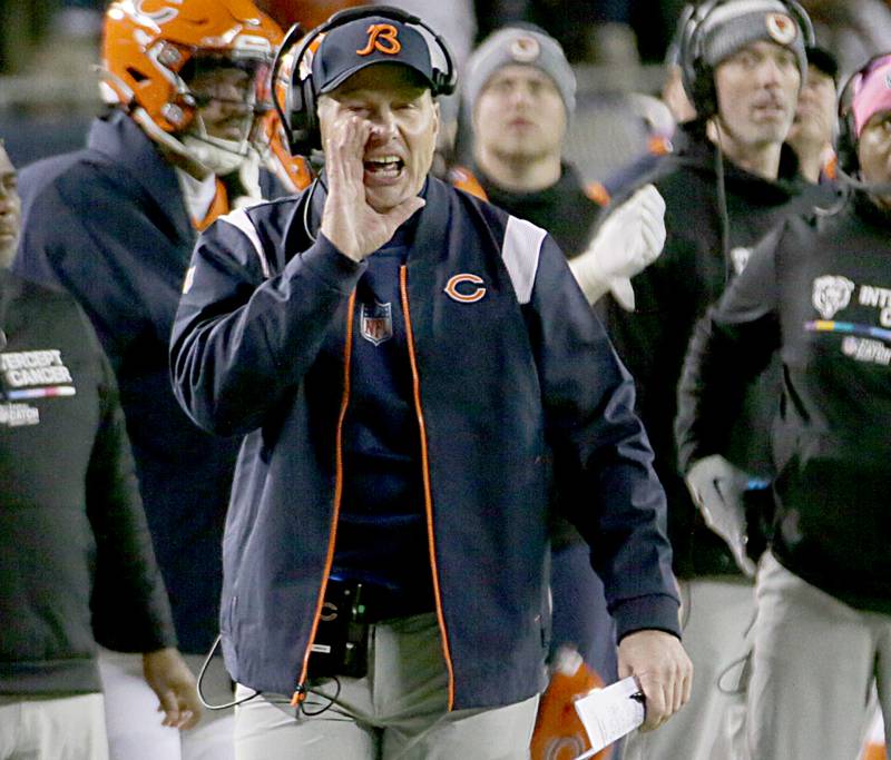 Chicago Bears head coach Matt Everflus yells from the sidelines during the game against the Washington Commanders on Thursday, Oct. 13, 2022 at Soldier Field.