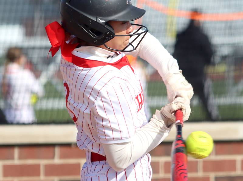 Huntley’s Alyssa Bonner makes contact against Prairie Ridge in varsity softball at Huntley High School in Huntley on Monday, May 5, 2025.