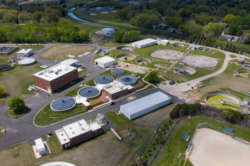 Aerial drone image of Kishwaukee Water Reclamation District, DeKalb Sanitary District water treatment facility plant at 303 Hollister Ave, DeKalb, IL on Thursday, May 13, 2021.