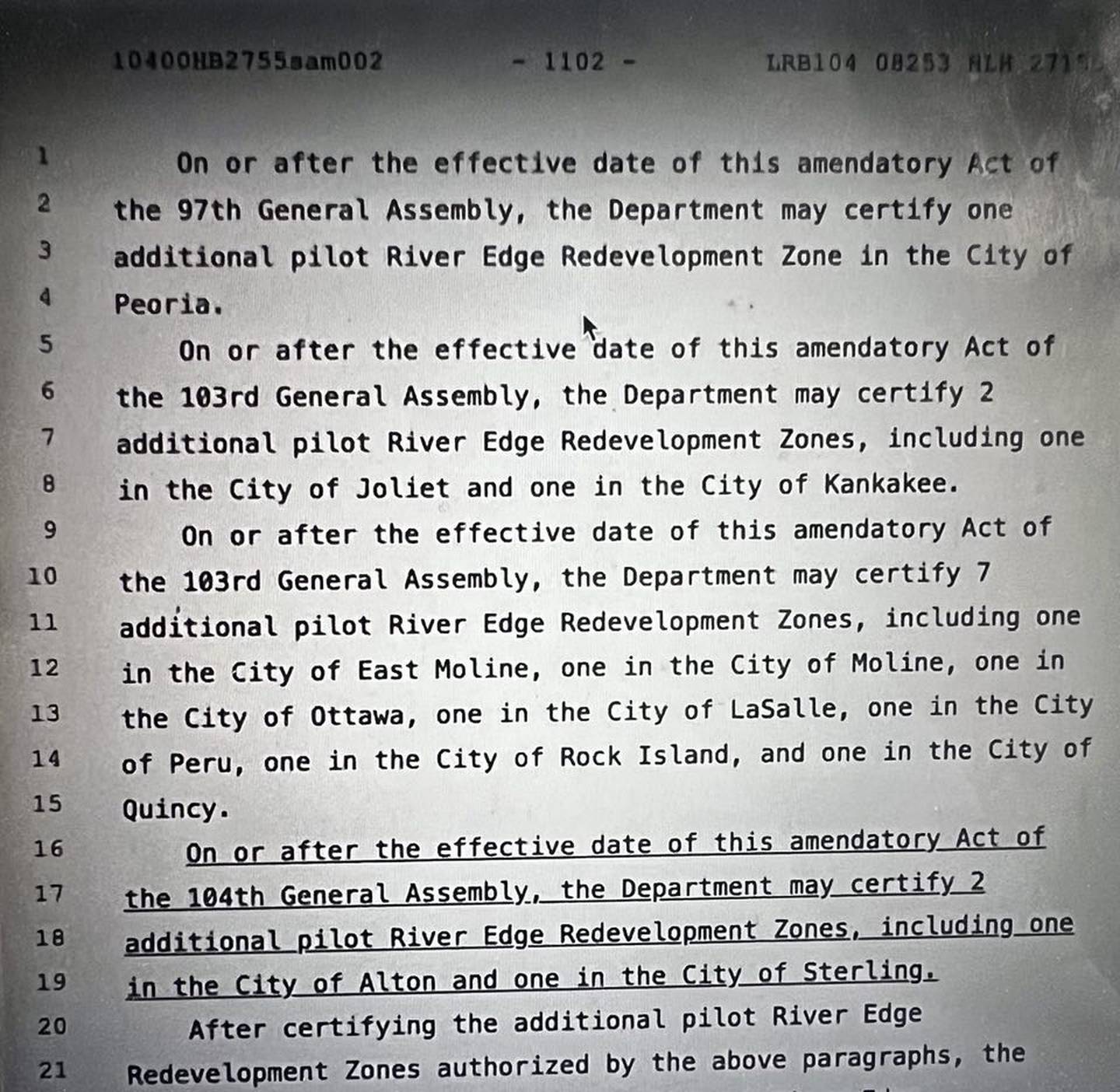 A screenshot of Illinois House Bill 2755, which includes plans to provide the City of Sterling with a River Edge Redevelopment Zone designation that would provide the city with millions in tax incentives for development along its riverfront. The bill is awaiting Governor JB Pritzker's approval.