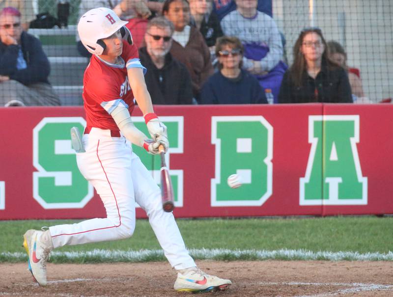 Ottawa's Colin Fowler makes contact with a ball against Plano during the Class 3A Regional semifinal game on Wednesday, May 22, 2024 at Huby Sarver Field in La Salle.