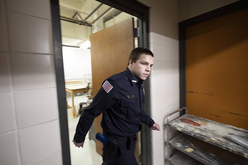 A Sauk Valley Police Academy cadet enters the room during training Tuesday, Feb. 17, 2026.