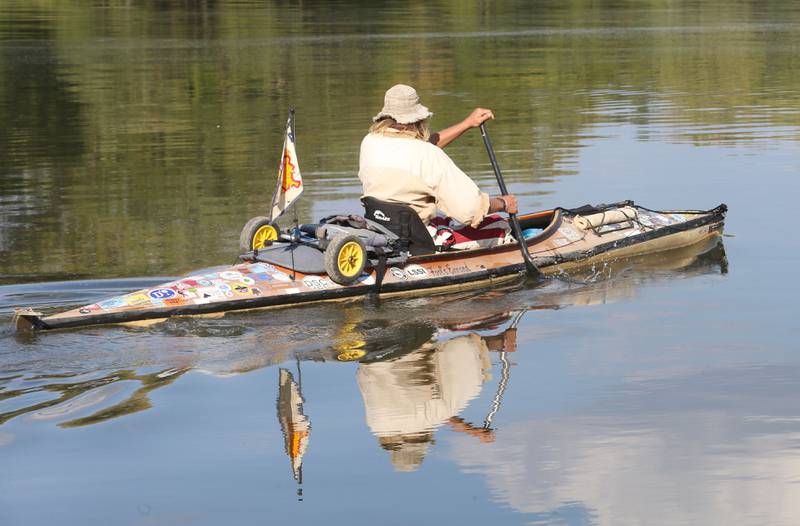Peter Frank of Escanaba, Michigan, paddles along the Illinois River at Starved rock State Park on Thursday, Sept. 11, 2025. Frank left Escanaba, Mich., on June 27, 2024. Frank has logged nearly 450 days and over 4,400 miles while navigating the American Great Loop in reverse.
