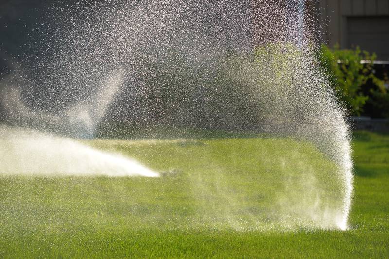 Water sprays across a newly planted lawn in Mt. Morris following a very dry May. A couple of days of rain this week has not helped with most crops across the region. Few grain producers in Ogle County use irrigation systems and a re dependent on Mother Nature providing moisture for yields og corn and soybeans.