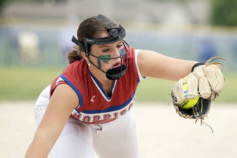 Morrison’s Ava Duncan catches a liner at third against Fulton Friday, May 22, 2026, at the Class 1A softball regional at Newman High School.