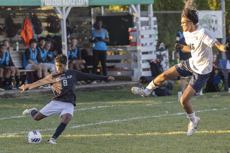 Sterling’s Kevin Ruiz swoops in to stop a shot by Dunlap’s Rohan Issac Wednesday, Oct. 23, 2024, during the class 2A soccer regional semifinal in Geneseo.