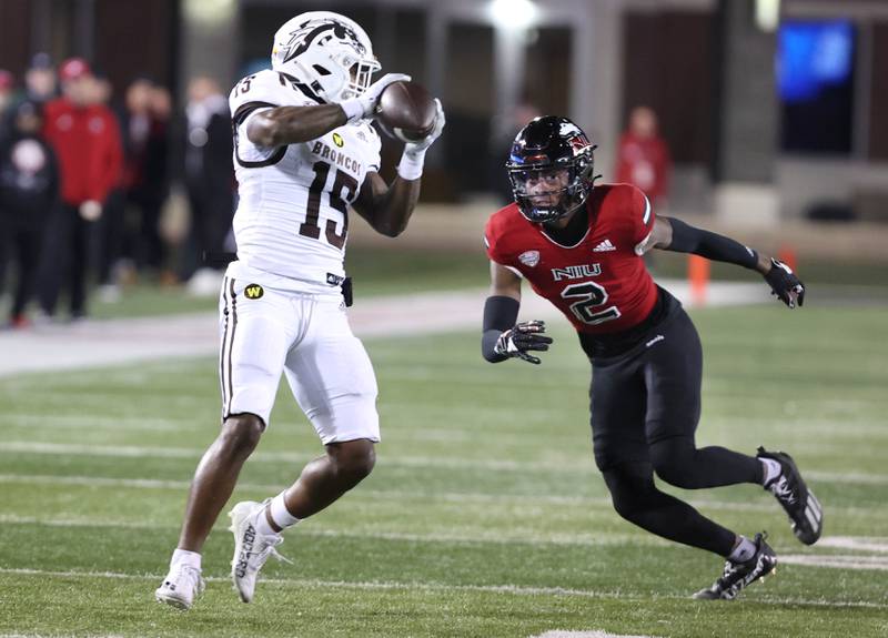 Northern Illinois' JaVaughn Byrd lines up Western Michigan's Donald Willis after a catch during their game Tuesday, Nov. 14, 2023, in Huskie Stadium at NIU in DeKalb.