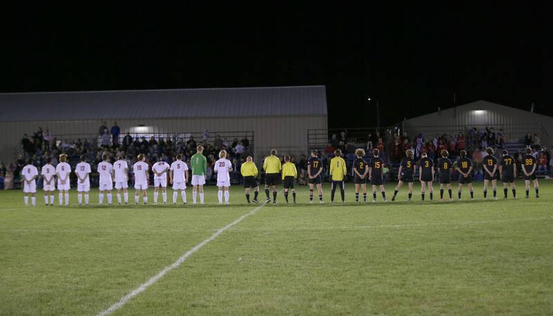 Members of the Earlville and Somonauk soccer teams are introduced before the Little Ten Conference championship game on Thursday, Oct. 5,  2023 at Hinckley High School.