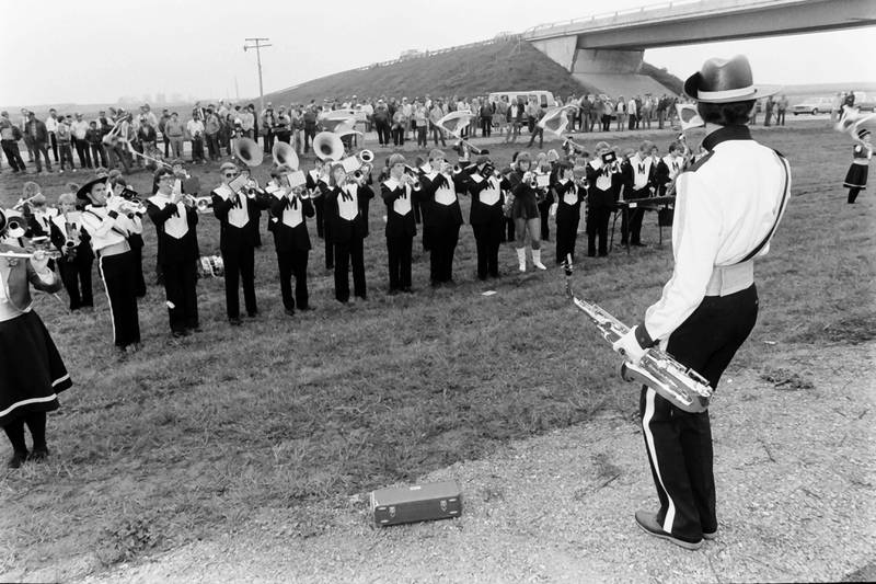 The Mendota HIgh School marching band plays during a ceremony of the opening of Interstate 39 on Friday, Oct. 18, 1985. in Mendota.