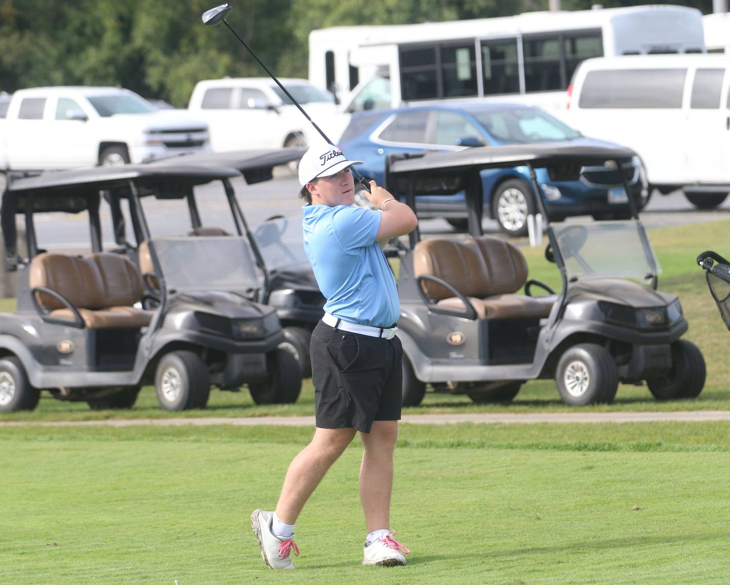 Marquette's Braxton Nelle tees off during the Class 1A Regionals on Wednesday, Oct. 1, 2025 at Deer Park Golf Club in Oglesby.