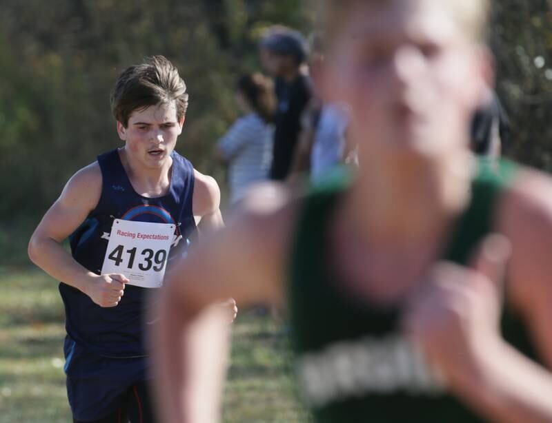 Bureau Valley's Rhiley Pinter runs in the Class 1A Regional Cross Country boys race on Saturday, Oct. 22, 2022 at the Seneca FFA Farm in Marseilles.