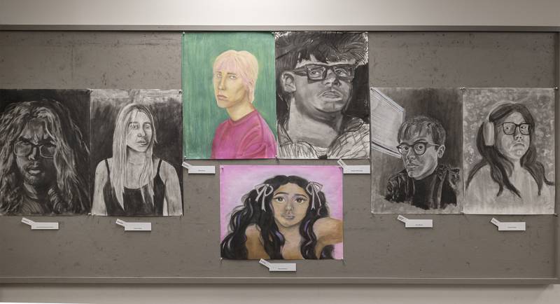 A display of self portraits are seen Thursday, April 9, 2026, during SVCC’s student art exhibit.