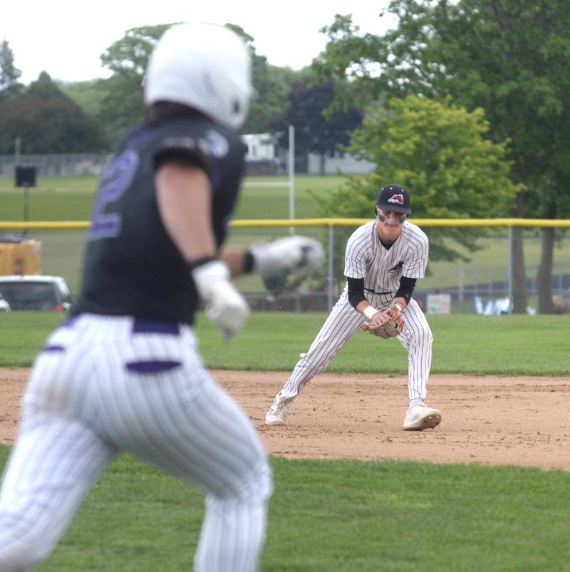 Fulton's Caden Wilkin fields a grounder and prepares to throw out the Rockford Lutheran runner at the 1A Lena-Winslow Sectional on Wednesday, May 28, 2025..