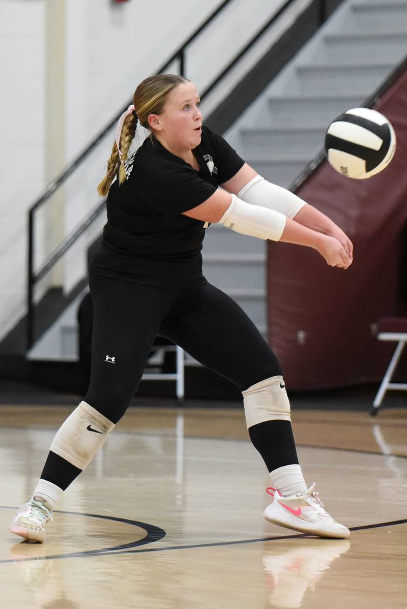 Watseka's Noelle Schroeder digs up a serve during a home game against Cissna Park Tuesday, Oct. 21, 2025.
