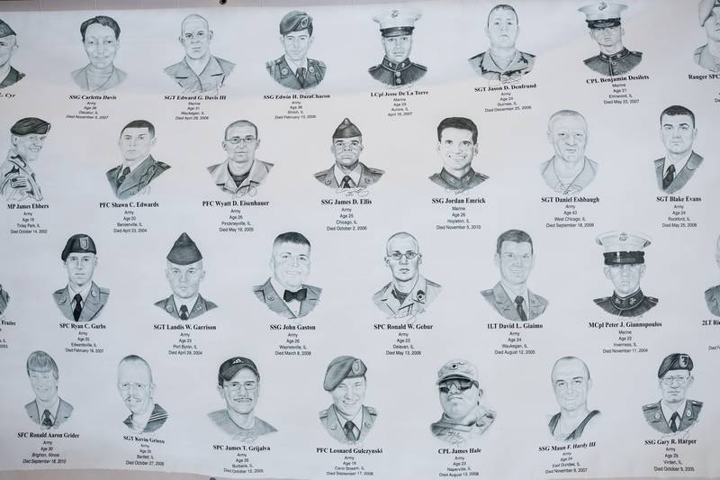 More than 300 Illinois service members are depicted in the ‘Portrait of a Soldier’ exhibit at the Will County Courthouse in Joliet, Illinois, on Sept. 11, 2025.