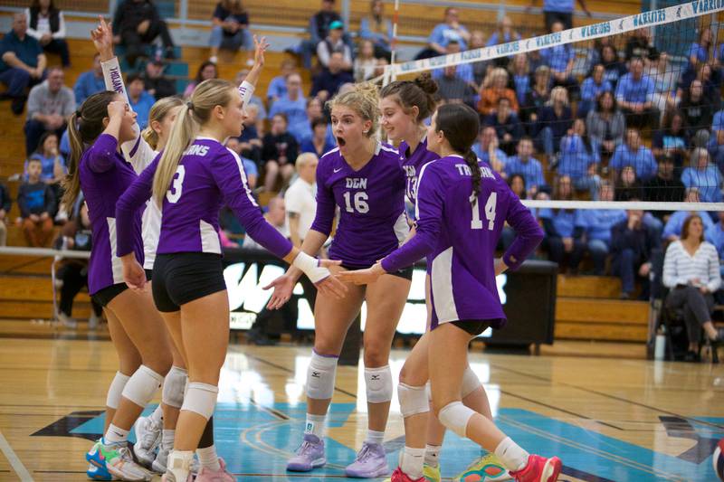 Downer's Grove North celebrates a play against Downers Grove South at the Class 4A Willowbrook Sectional Final on Thursday, Nov.7,2024 in Villa Park.