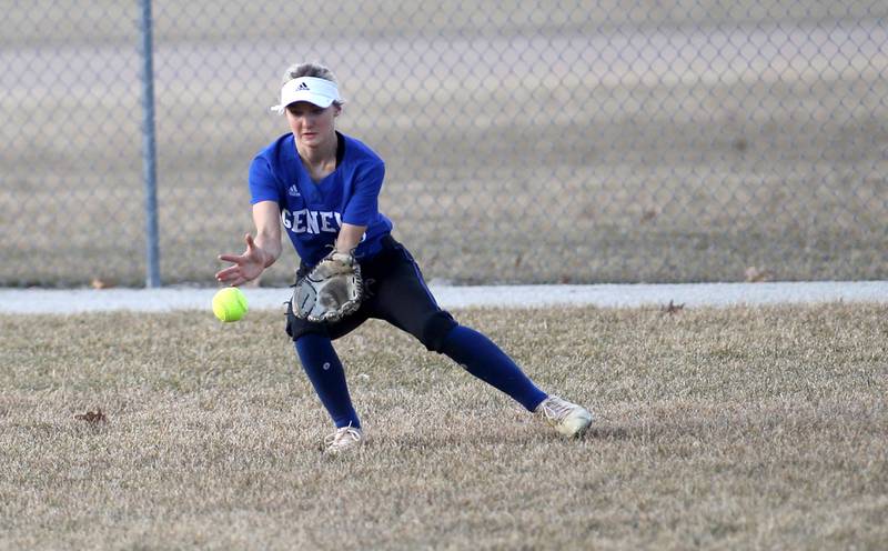 Geneva’s Emma Levin picks up a ground to the outfield during a game at West Aurora during a home game on Wednesday, March 16, 2022.
