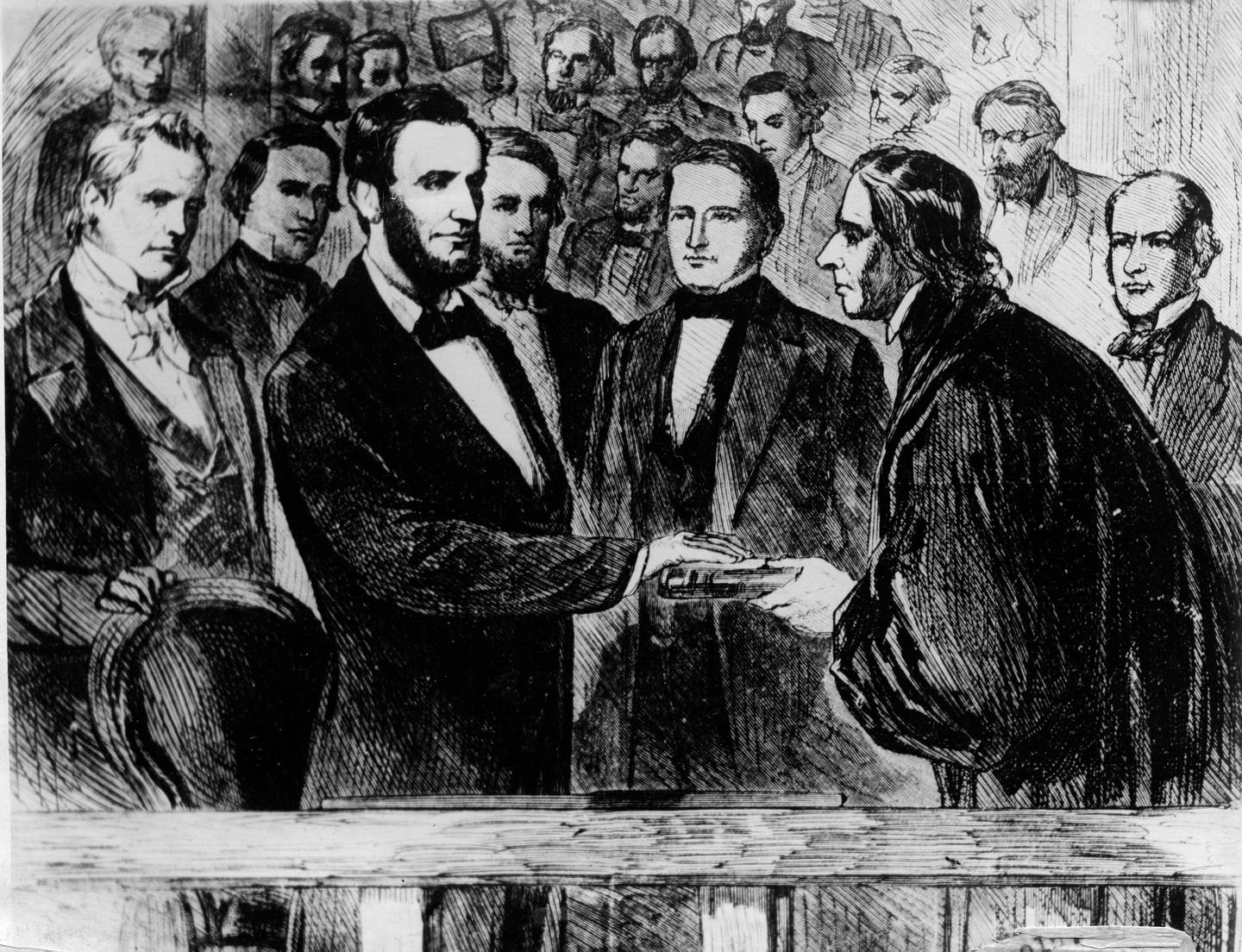 This photograph of a March 4, 1865, painting shows the second inauguration of Abraham Lincoln in front of the U.S. Capitol in Washington, D.C.