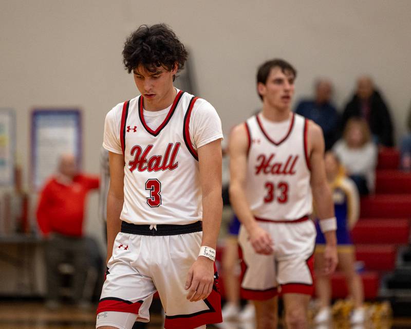 Noah Plym (3) of Hall exclaims frustration walking down court with head down on Saturday, December 20, 2025 at Hall High School in Spring Valley.