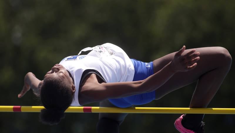 Alaina Pollard of Lincoln-Way East competes in the the 3A high jump during the IHSA State Track and Field Finals at Eastern Illinois University in Charleston on Saturday, May 20, 2023.