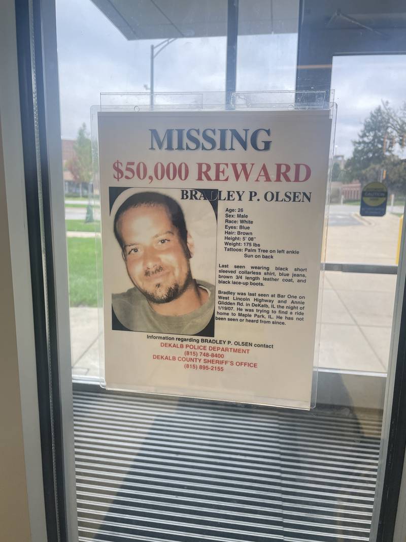 A missing persons flyer is seen Oct. 22, 2025, in the lobby at the DeKalb Police Department.
