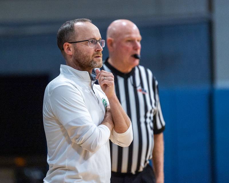 Dwight Head Coach, Jeremy Connor watches on as team trails Fieldcrest on Monday, December 15, 2025 at Fieldcrest High School in Minonk.