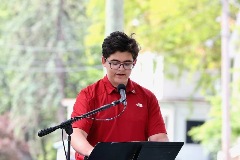 Maximus Gibson of Princeton Christian Academy recites his essay during Monday's Memorial Day Services in Princeton.
