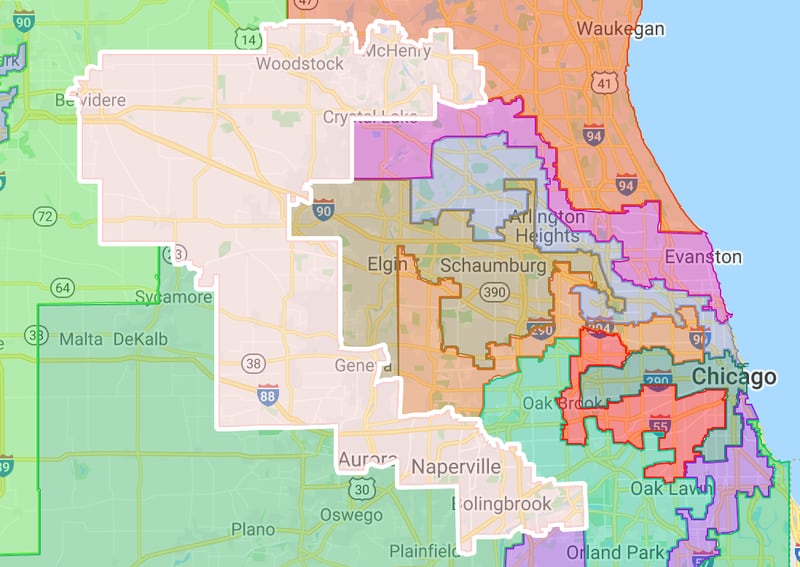 The redrawn 11th Congressional District stretches from McHenry, Boone and Lake counties south through DeKalb, DuPage and Kane counties.