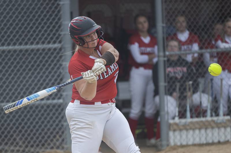 Fulton’s Kylie Smither swings at a pitch against Amboy Wednesday, May 21, 2025, during a Regional semifinal softball game.