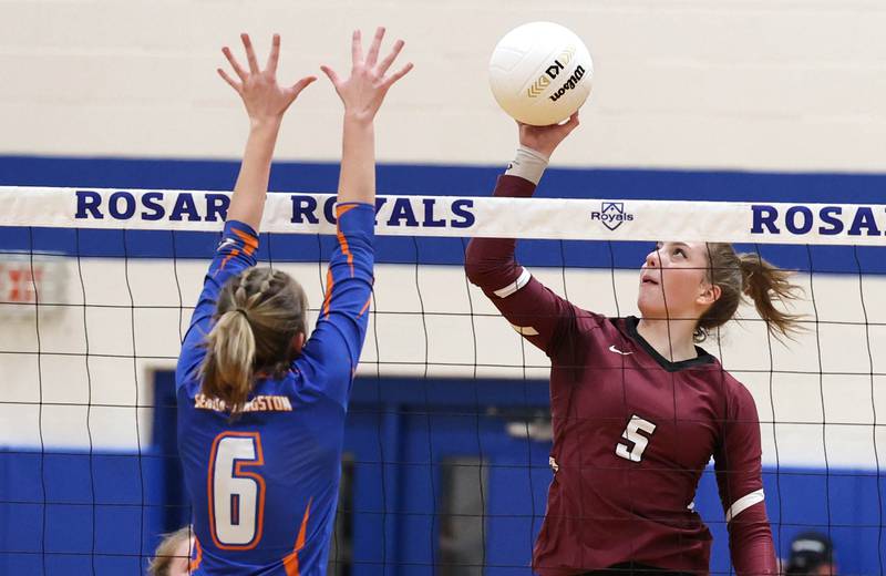 Marengo's Gianna Almeida tries to get the ball past Genoa-Kingston's Kaitlin Rahn Thursday, Oct. 27, 2022, during their Class 2A Regional final match at Rosary High School in Aurora.