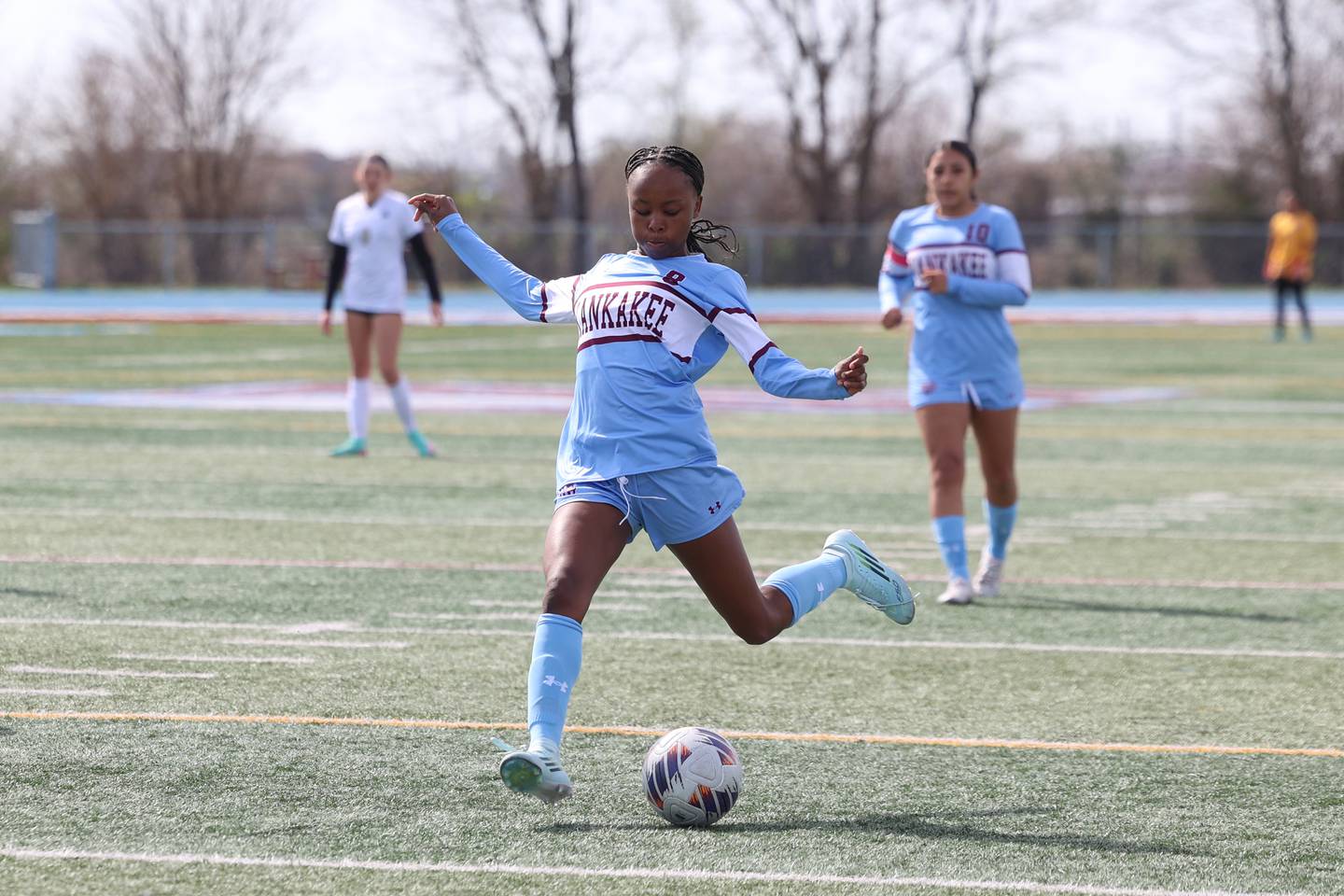 Kankakee's Alina Mkhwanazi shoots on goal during the Kays' 8-0 victory over Bishop McNamara in the final All-City match on Saturday, April 11, 2026.