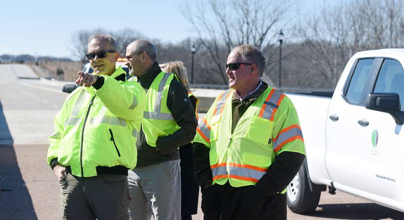 Carl Schoedel, Kane County Director of Transportation, left, and county board member Drew Frasz show off the progress on Longmeadow Parkway.