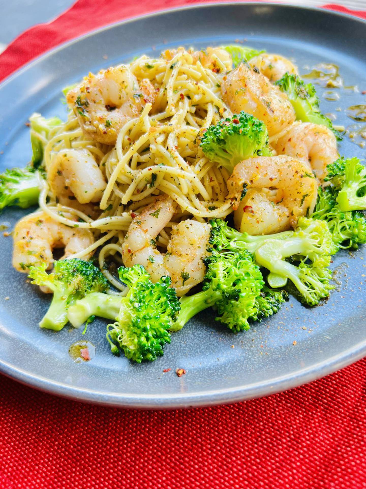 Pictured is garlic shrimp and broccoli with buttered white wine pasta as prepared by Arron Sain of Plainfield, owner of Insainly Fit Meals.