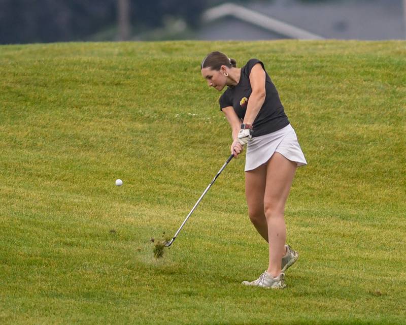 Madison Celing of Batavia hits her ball down the fairway during the DuKane conference meet on Tuesday Sept. 23, 2025, held at Phillips golf course in Aurora.