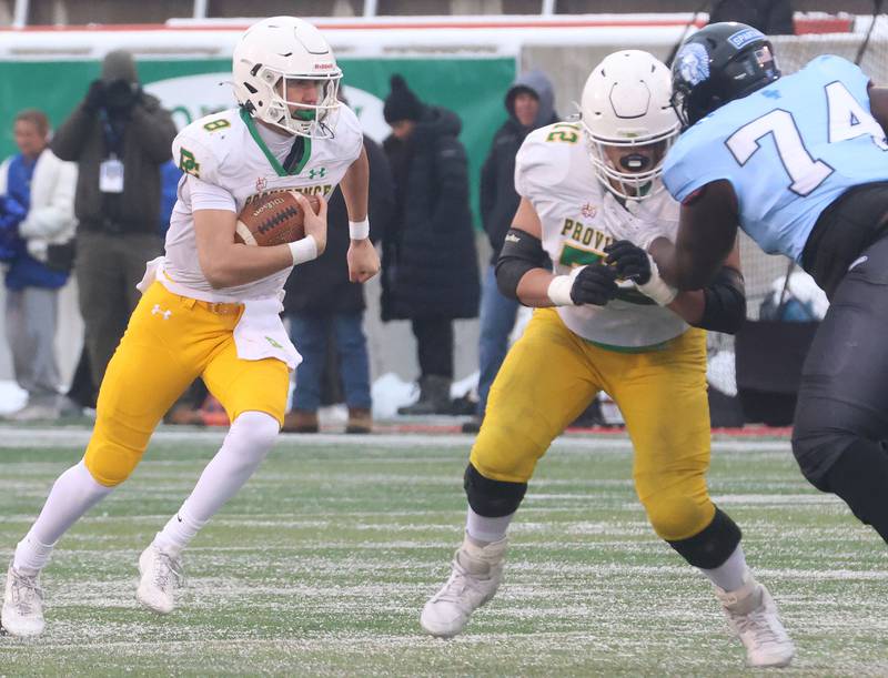 Providence Catholic quarterback Dominic Vita runs the ball against St. Francis during the Class 5A State championship on Tuesday, Dec. 2, 2025 in Hancock Stadium at Illinois State University in Normal.