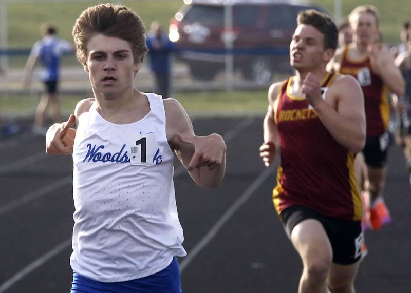 Woodstock’s Ellery Shutt wins the 800 meter run during the Kishwaukee River Conference Boys Track and Field Meet on Tuesday, May 12, 2026, at Johnsburg High School.