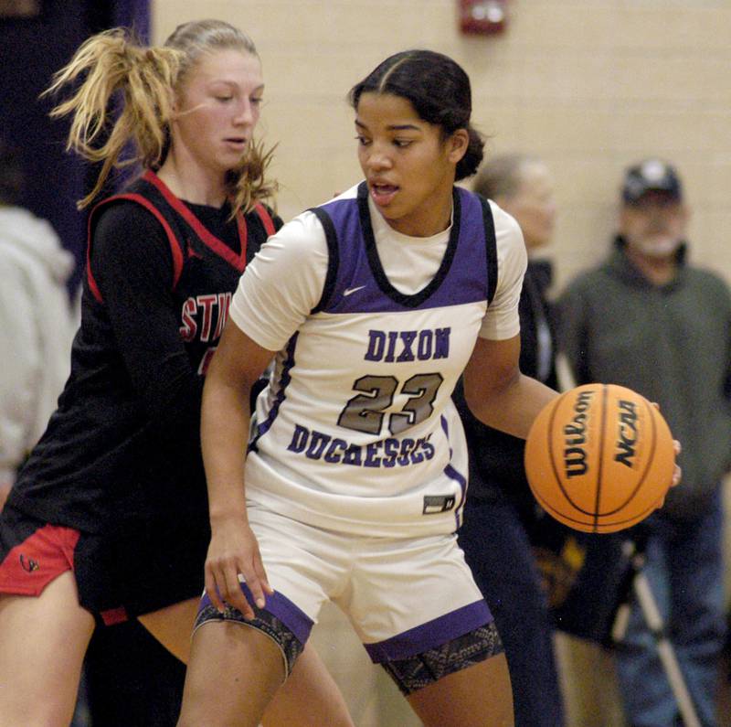 Ahmyrie McGowan of Dixon controls the ball.  The Dixon Duchesses played  the Stillman Valley Cardinals in the third place game of the Dixon Holiday Tournament at Dixon High School on Monday, December 29th, 2025.