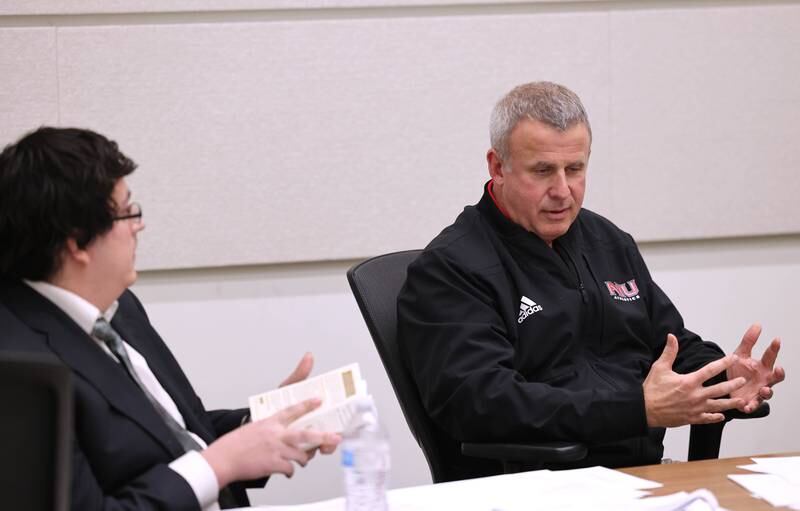 DeKalb City Clerk Sasha Cohen (left) and Mayor Cohen Barnes have a discussion Friday, Jan. 13, 2023, during a City of DeKalb Electoral Board hearing. The hearing was held to decide if incumbent Scott McAdams, who is running unopposed for DeKalb’s 5th Ward aldermanic seat, should be removed from the ballot due to objections filed by two residents regarding signatures and filing procedure.