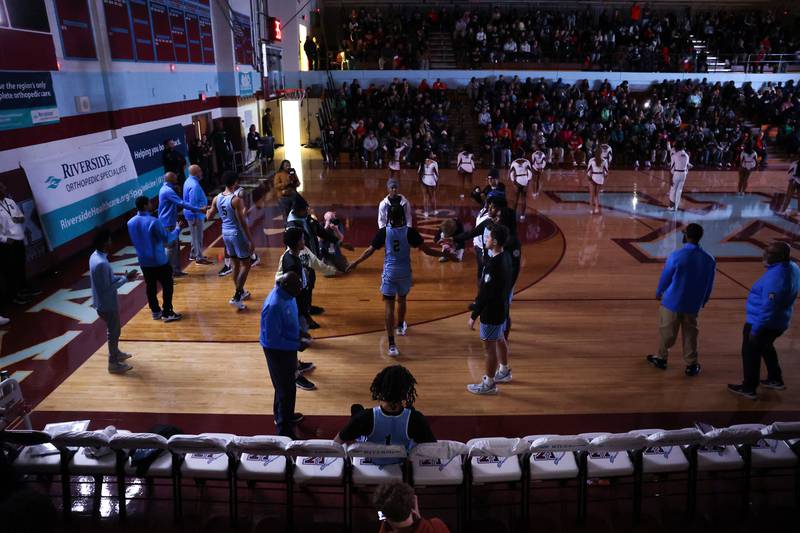 Kankakee's starting lineup is announced ahead of the Kays' 54-50 victory over Lincoln-Way Central in the 75th Kankakee Holiday Tournament maroon bracket championship on Sunday, Dec. 28, 2025.