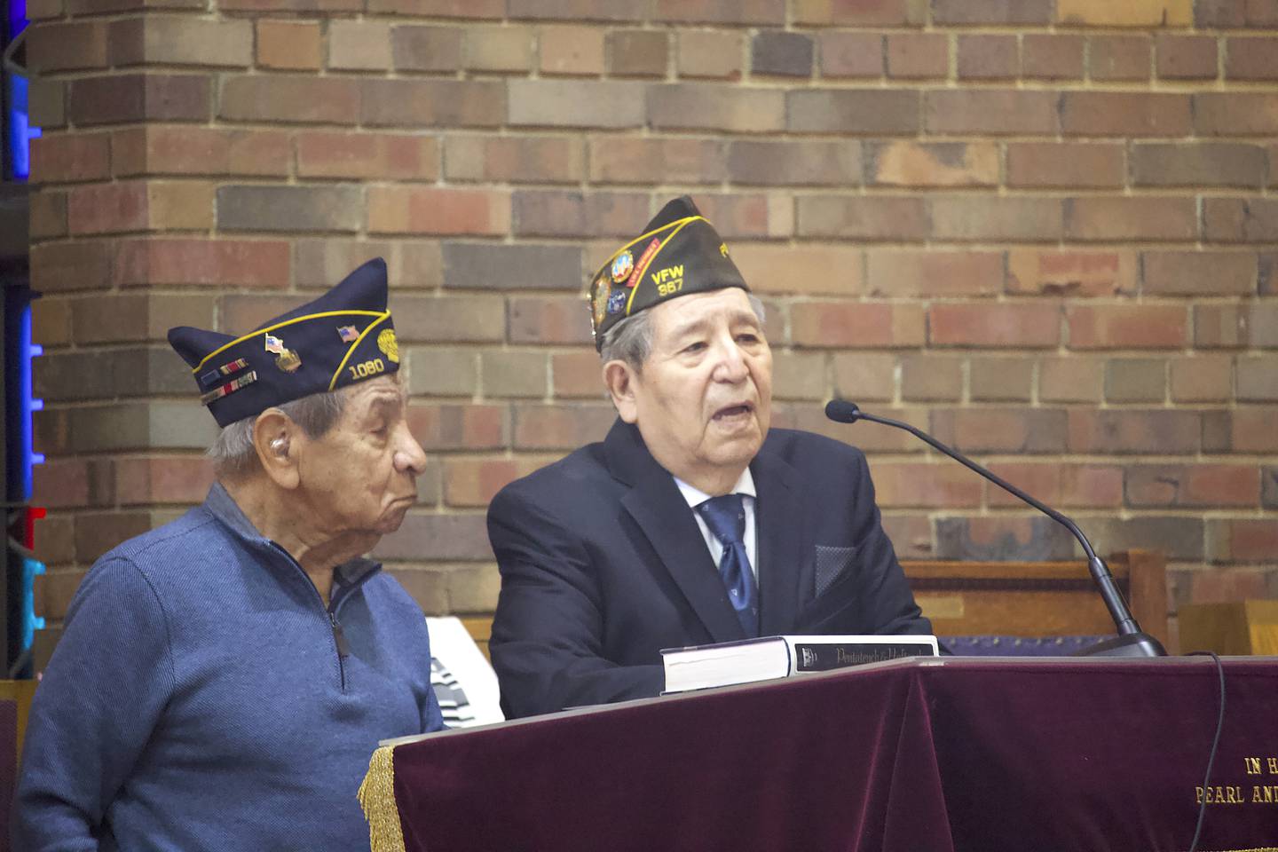 Joe Belman (left), a World War II veteran, and Tony Arellano, a Vietnam War veteran, on Saturday, May 24, 2025, at the Joliet Jewish Congregation in Joliet.