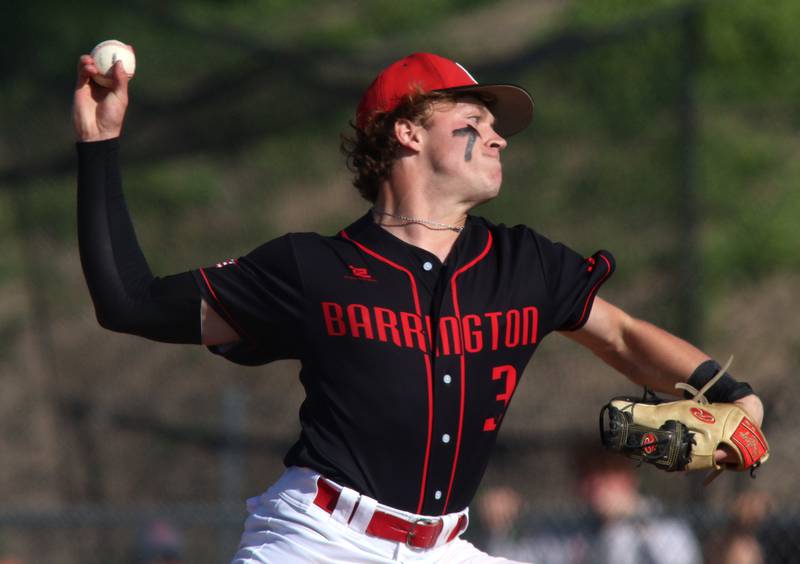 Barrington’s Will Nazha delivers against Huntley in sectional semifinal baseball action at Hampshire Wednesday.