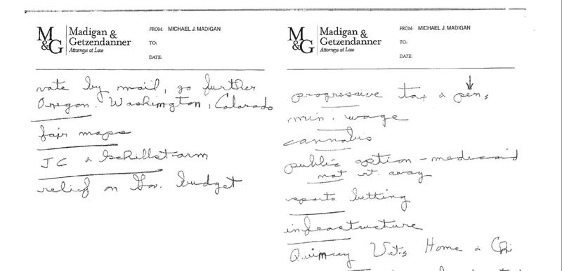 Former House Speaker Mike Madigan's handwritten notes from a meeting with Governor-elect JB Pritzker in December 2018