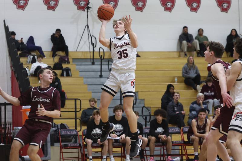 Lincoln-Way Central’s Luca Andresen gets the open shot against Lockport on Tuesday, Jan. 23rd, 2024 in New Lenox.